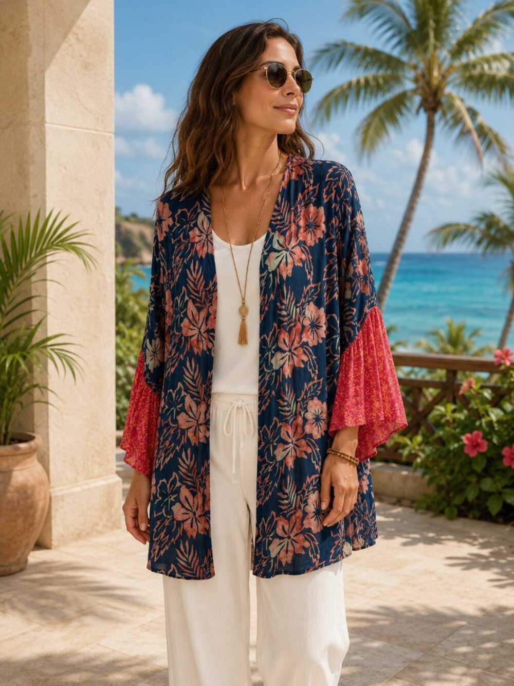 Soft Surrounding Kimono Boho Floral Tropical Hawaiian Open Front Size PL